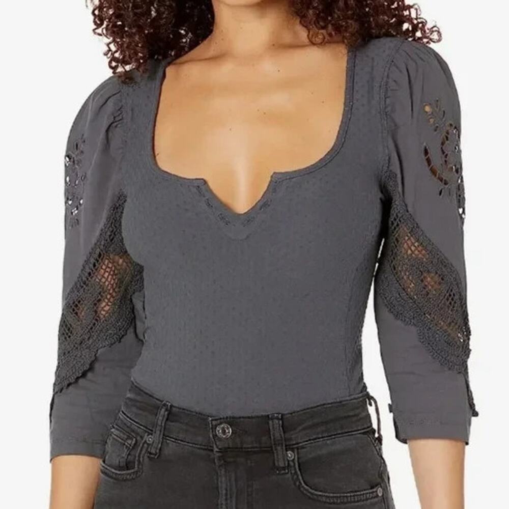 FREE PEOPLE Floral Lace Embroidered Swiss Dot Brunch Date Top Gray Romantic S